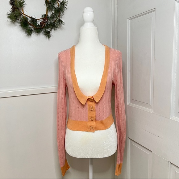 For Love & Lemons Phoebe Pointelle Knit Cropped Cardigan Sweater in Apricot - Picture 1 of 9